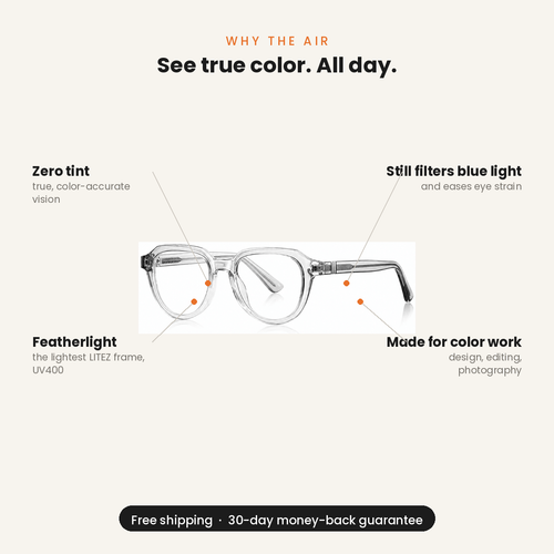 Litez Air color-free lens benefits: zero tint, true color, still filters blue light