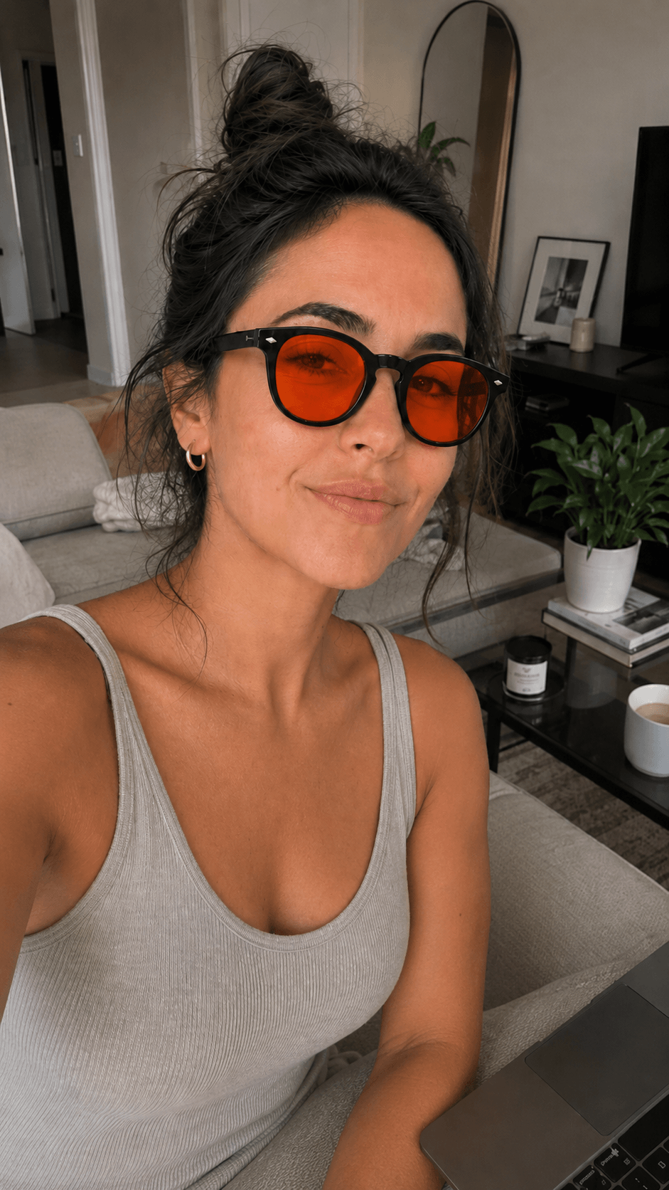 Litez Dawn blue light glasses, on-model lifestyle
